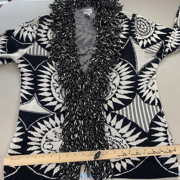Chicos Cardigan Sweater Size 2 Large Wool Silk Blend Fringe Boho Artsy Chunky - Picture 8 of 11
